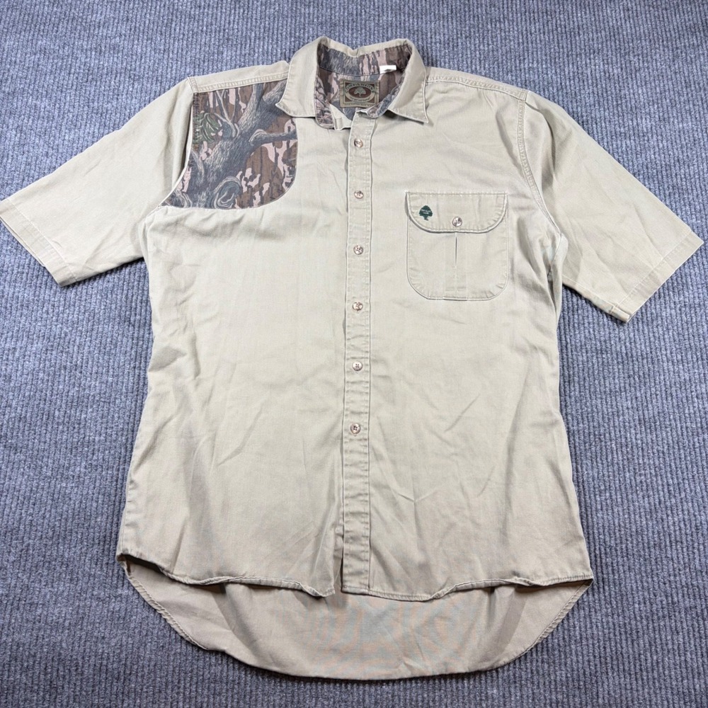 Companions Mossy Oak Camo Shooting Shirt Mens XL Tan Short Sleeve Cotton USA